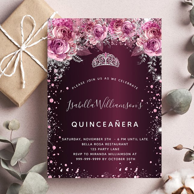 Quinceanera burgundy pink glitter floral tiara invitation (Creator Uploaded)