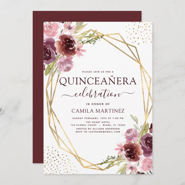 Quinceanera Burgundy Pink Modern Geometric Floral Invitation (Front/Back)