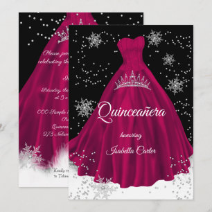 Quinceanera Burgundy pink snowflake Silver Dress Invitation
