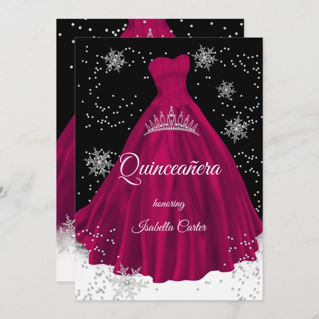 Quinceanera Burgundy pink snowflake Silver Dress Invitation (Front/Back)