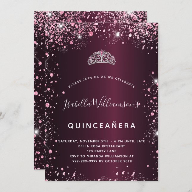 Quinceanera burgundy pink tiara glitter invitation (Front/Back)