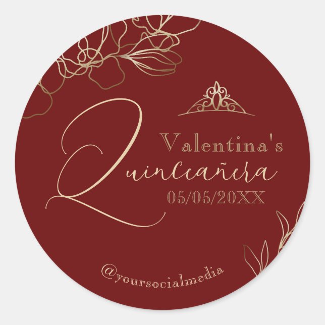 Quinceañera Burgundy Red Floral Classic Round Sticker (Front)