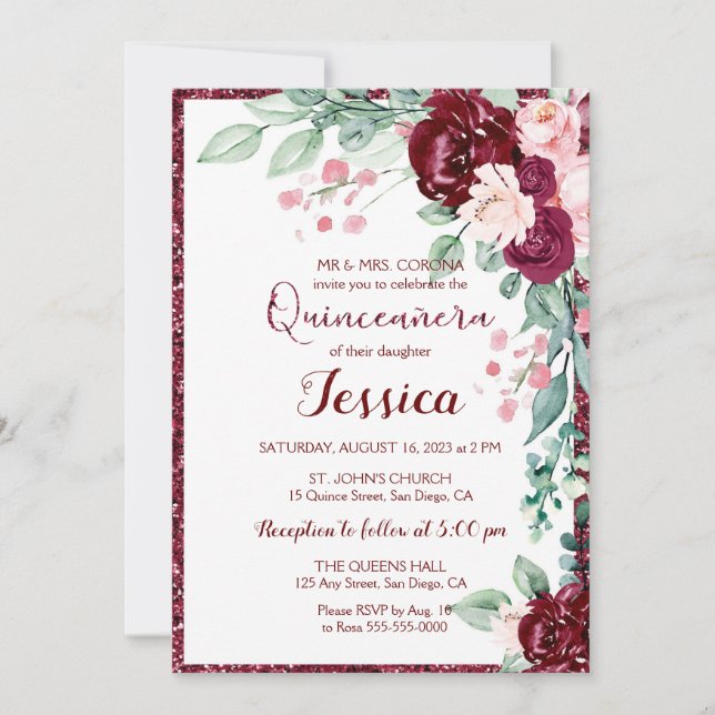 Quinceanera Burgundy Red Floral Glitter Invitation (Front)