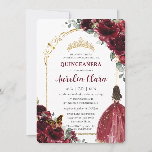 Quinceañera Burgundy Red Floral Gold Princess Arch Invitation (Front)