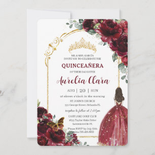 Quinceañera Burgundy Red Floral Gold Princess Arch Invitation
