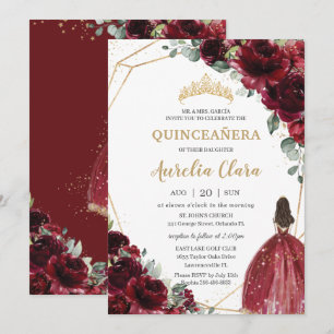 Quinceañera Burgundy Red Floral Gold Princess  Invitation