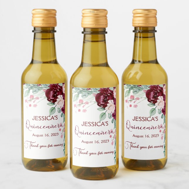 Quinceanera Burgundy Red Floral Mini Wine Label (Bottles)