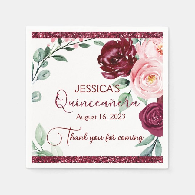 Quinceanera Burgundy Red Floral Paper Napkin (Front)