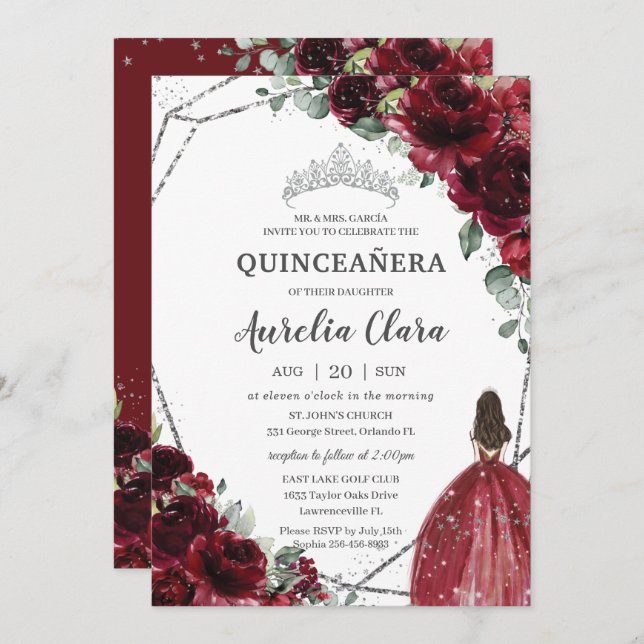 Quinceañera Burgundy Red Floral Silver Princess  Invitation (Front/Back)