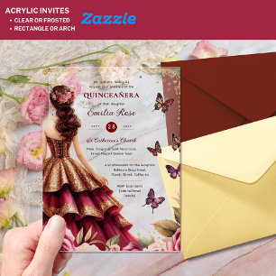 Quinceañera Burgundy Red Gold Dress Butterflies Acrylic Invitations