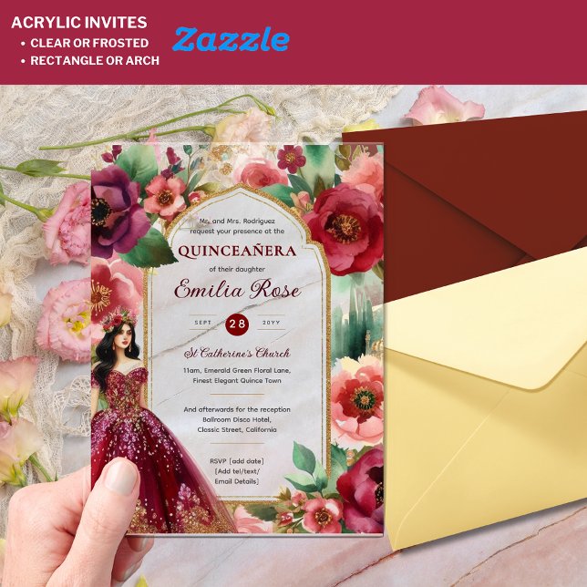 Quinceañera Burgundy Red Gold Quince Dress Flowers Acrylic Invitations (Creator Uploaded)