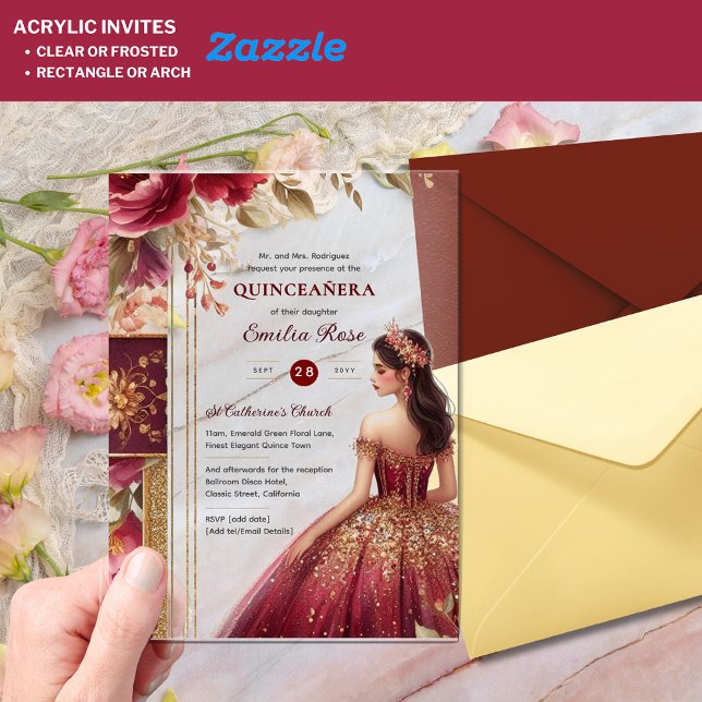 Quinceañera Burgundy Red Gold Quince Dress Flowers Acrylic Invitations (Creator Uploaded)