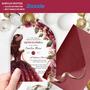 Quinceañera Burgundy Red Gold Quince Dress Flowers Acrylic Invitations