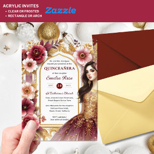 Quinceañera Burgundy Red Gold Quince Dress Flowers Acrylic Invitations