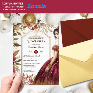 Quinceañera Burgundy Red Gold Quince Dress Flowers Acrylic Invitations