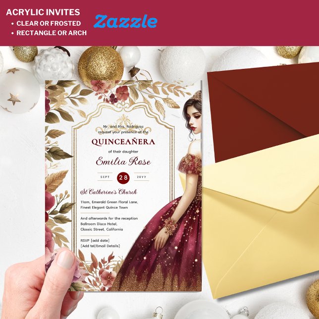 Quinceañera Burgundy Red Gold Quince Dress Flowers Acrylic Invitations (Creator Uploaded)