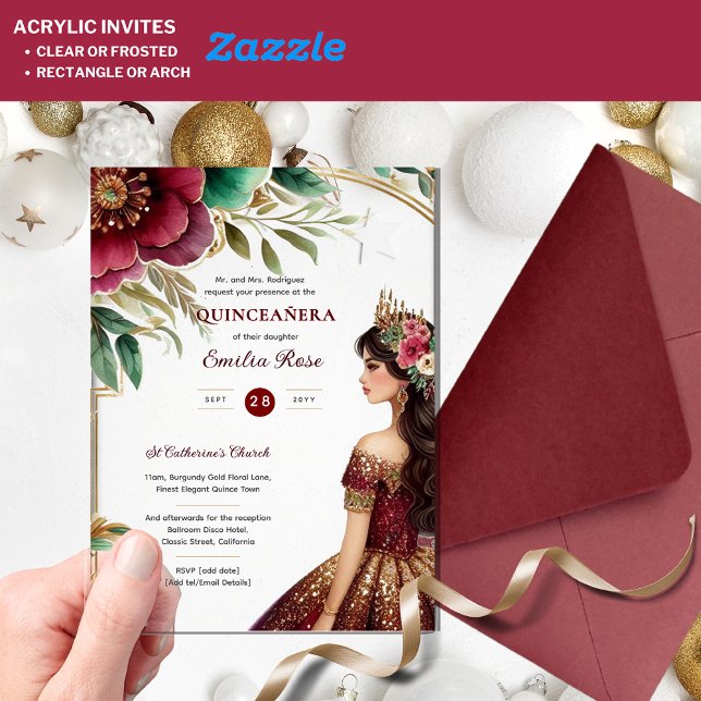 Quinceañera Burgundy Red Green Gold Dress Quince Acrylic Invitations (Creator Uploaded)