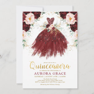 Quinceañera Burgundy Rose Flower Princess Birthday Invitation