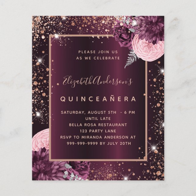 Quinceanera burgundy rose gold budget invitation flyer (Front)