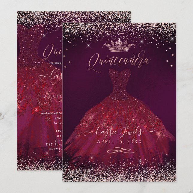Quinceanera Burgundy Rose Gold Confetti+Princess Invitation (Front/Back)