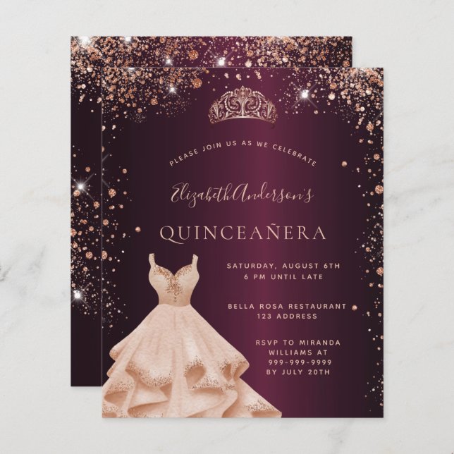 Quinceanera burgundy rose gold dress invitation (Front/Back)