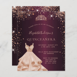 Quinceanera burgundy rose gold dress invitation