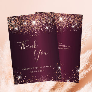 Quinceanera burgundy rose gold name thank you card