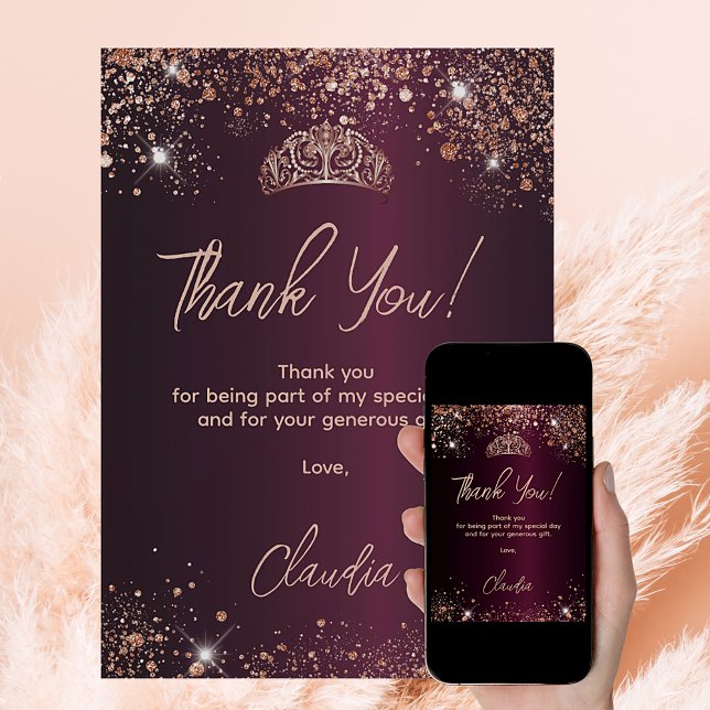 Quinceanera burgundy rose gold thank you card (Creator Uploaded)