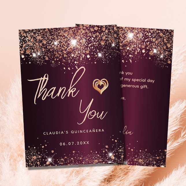 Quinceanera burgundy rose gold thank you card (Creator Uploaded)