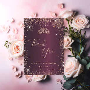 Quinceanera burgundy rose gold thank you card