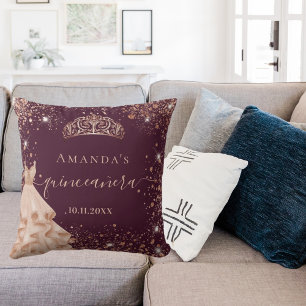 Quinceanera burgundy rose gold tiara dress name cushion