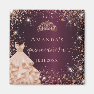 Quinceanera burgundy rose gold tiara dress name magnet