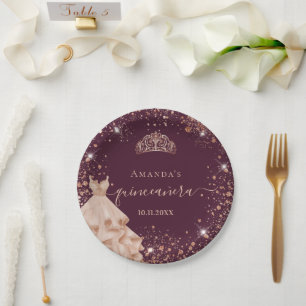 Quinceanera burgundy rose gold tiara dress name paper plate