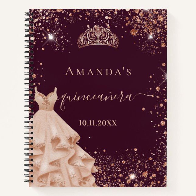 Quinceanera burgundy rose gold tiara guest book (Front)