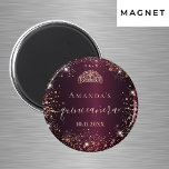 Quinceanera burgundy rose gold tiara name script magnet<br><div class="desc">For an elegant Quinceañera, 15th birthday. A burgundy background colour. Decorated with rose gold faux glitter dust and a tiara, crown. Personalise and add a name, age and a date. Quinceañera is written with a modern hand lettered style script with swashes. Can be used both as party favours or as...</div>