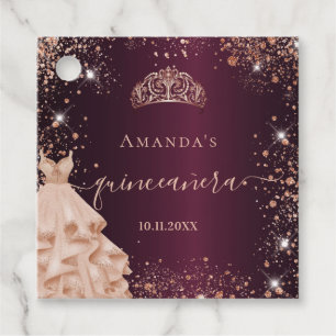 Quinceanera burgundy rose gold tiara thank you favour tags