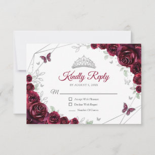 Quinceanera Burgundy Silver Floral Reply RSVP Card