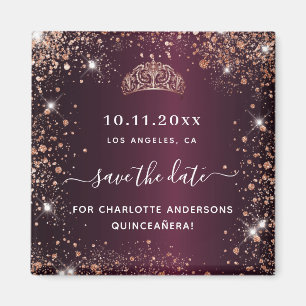 Quinceanera burgundy tiara rose gold save the date magnet