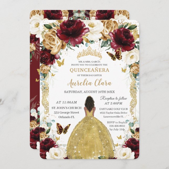 Quinceañera Burgundy White Gold Floral Brown Girl Invitation (Front/Back)
