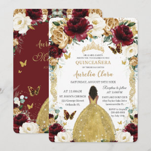 Quinceañera Burgundy White Gold Floral Brown Girl Invitation