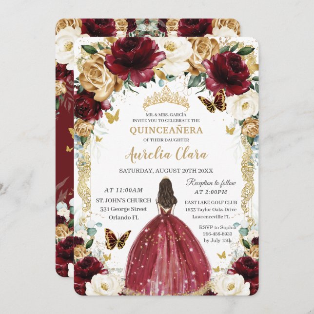 Quinceañera Burgundy White Gold Floral Girl Dress Invitation (Front/Back)