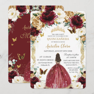 Quinceañera Burgundy White Gold Floral Girl Dress Invitation