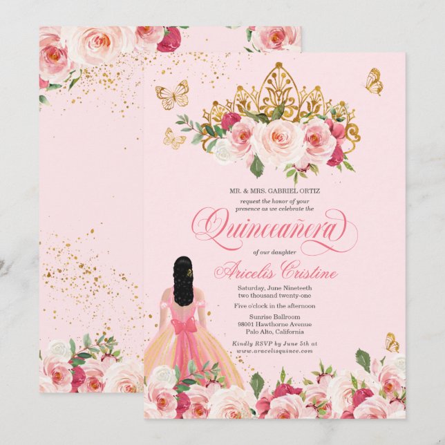 Quinceañera Butterfly Blush Pink Watercolor Floral Invitation (Front/Back)