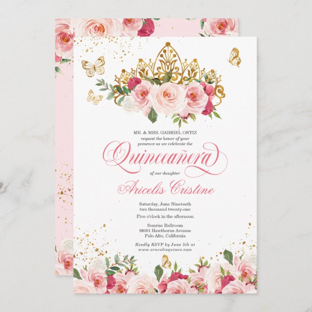 Quinceañera Butterfly & Blush Pink Watercolor Rose Invitation (Front/Back)