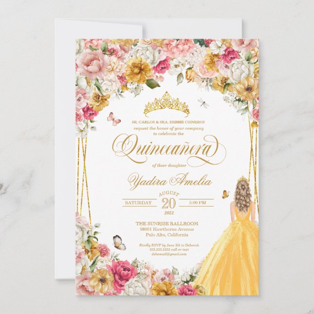  Quinceanera Butterfly Blush Pink Yellow Floral In Invitation (Front)