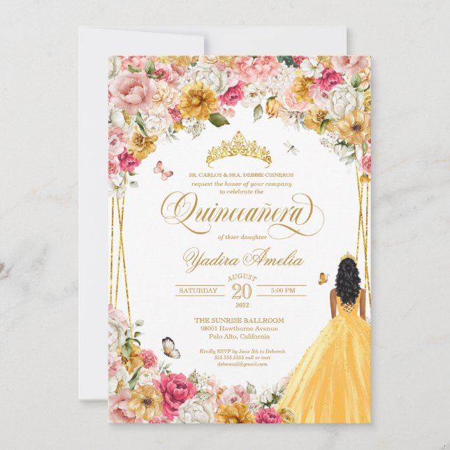  Quinceanera Butterfly Blush Pink & Yellow Floral  Invitation (Front)
