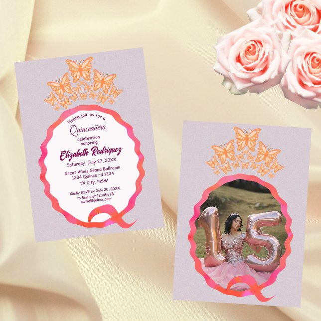 Quinceañera Butterfly Crown Squiggle Invitation (Creator Uploaded)