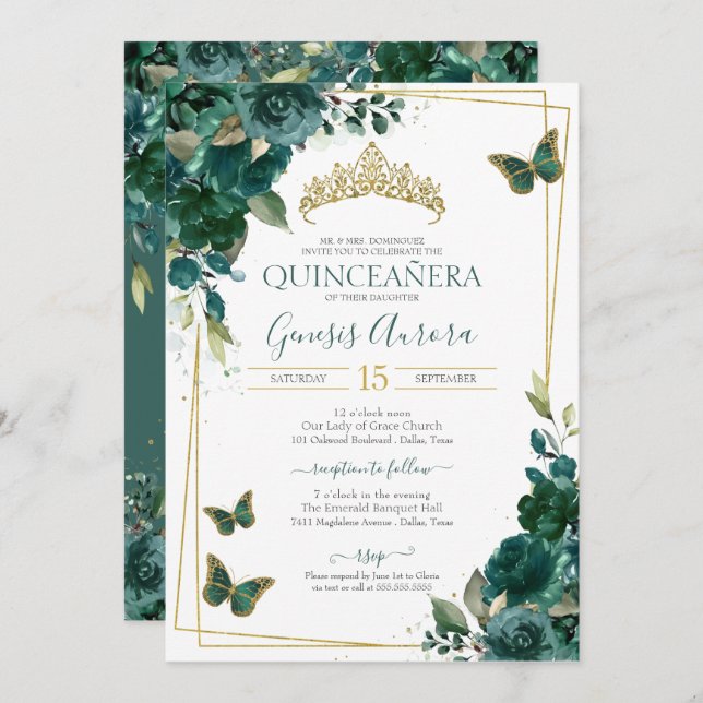 Quinceañera Butterfly Emerald Green Elegant Invitation (Front/Back)