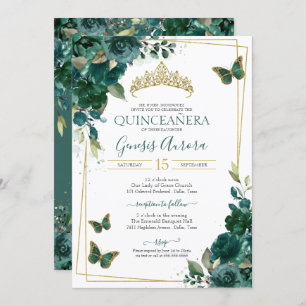 Quinceañera Butterfly Emerald Green Elegant Invitation
