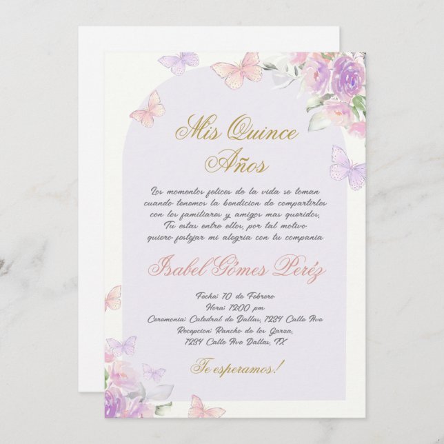 Quinceanera butterfly invitation in Spanish (Front/Back)
